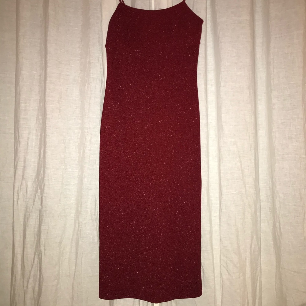 Vintage midi-length, spilt leg, sparkly red dress